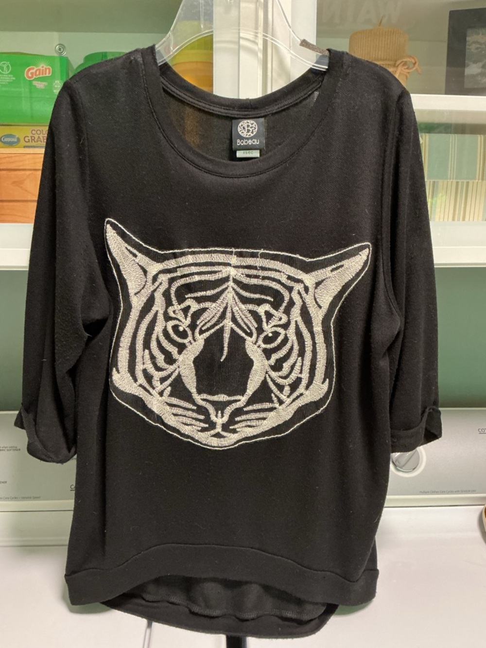 bobeau Black Knit Top With Embroidered Tiger Head, Relaxed XS